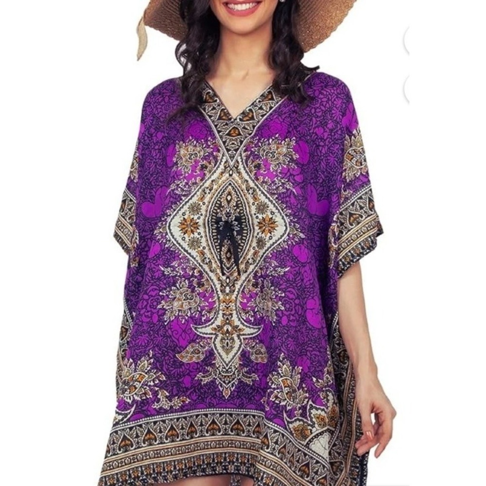 Somya Floral Kaftan Filigree Tunic Blouse Mini Dress OS Ivory Purple Beach Boho